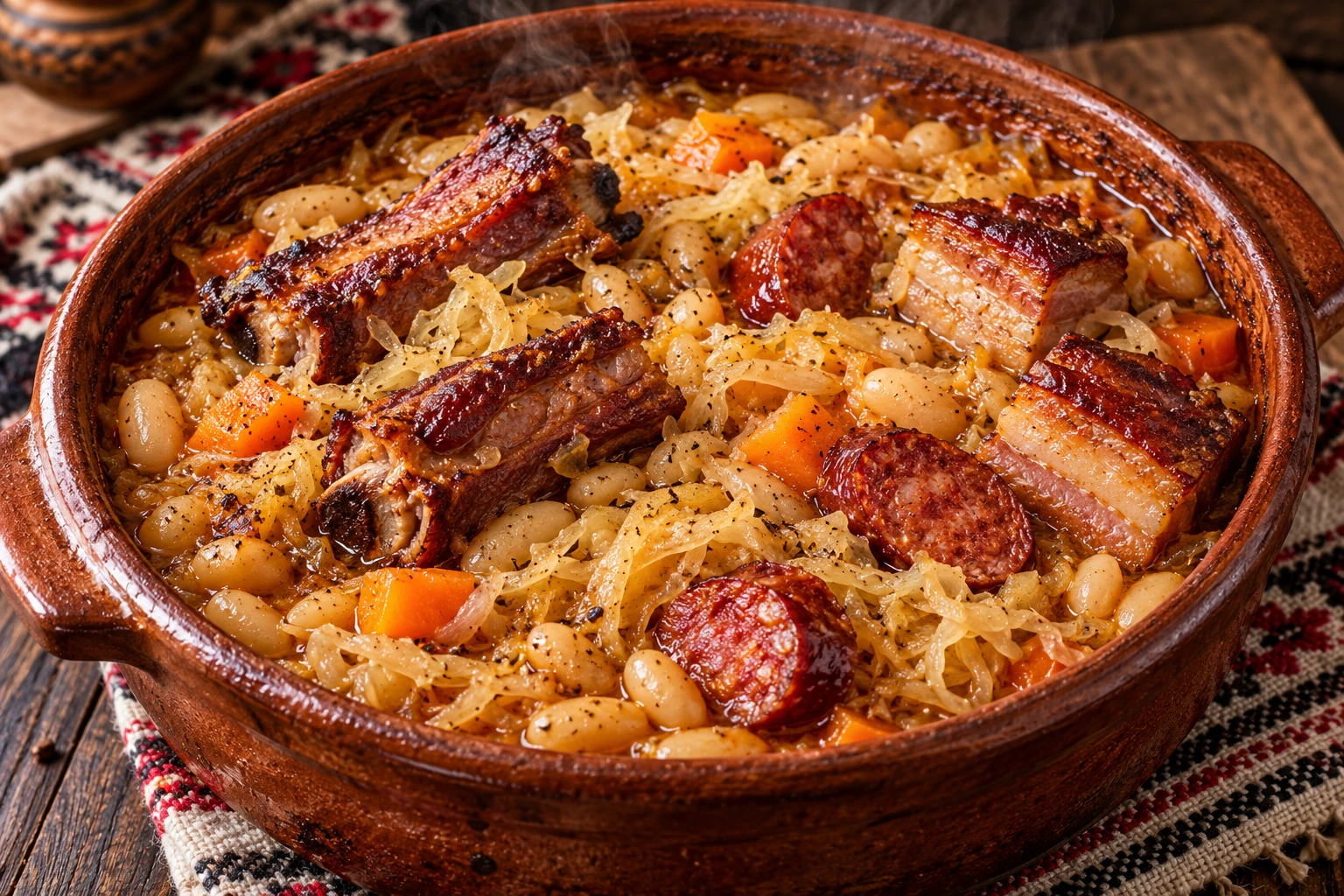 Pasulj serbe au four avec chou fermenté, travers, poitrine et saucisse fumés