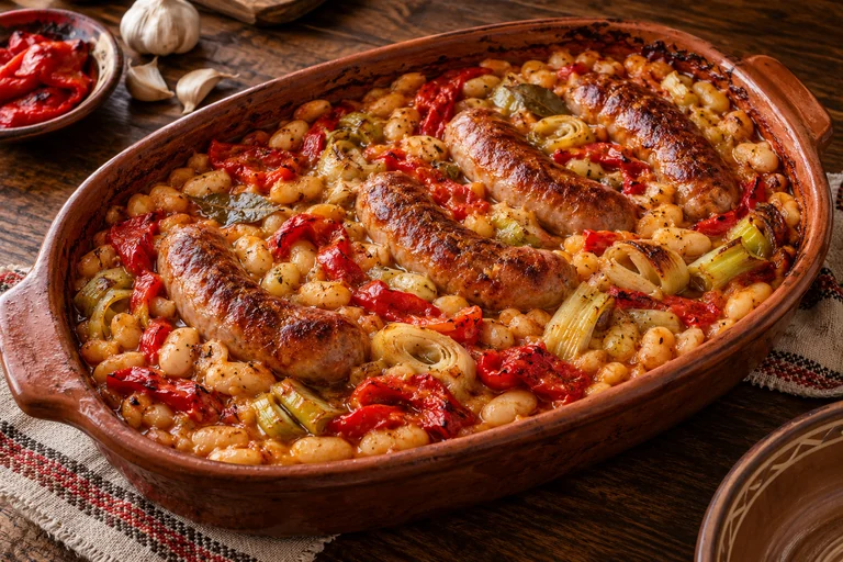 Prebranac aux saucisses fraîches, poivrons et poireaux