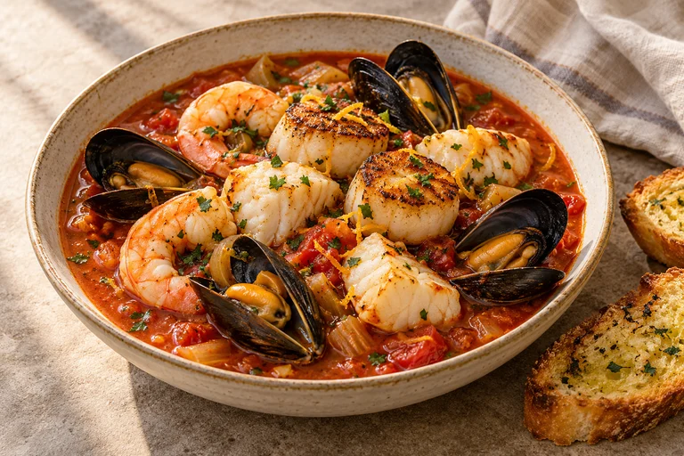 Cioppino au bouillon tomate-fenouil garni de cabillaud, crevettes, moules et noix de Saint-Jacques dorées