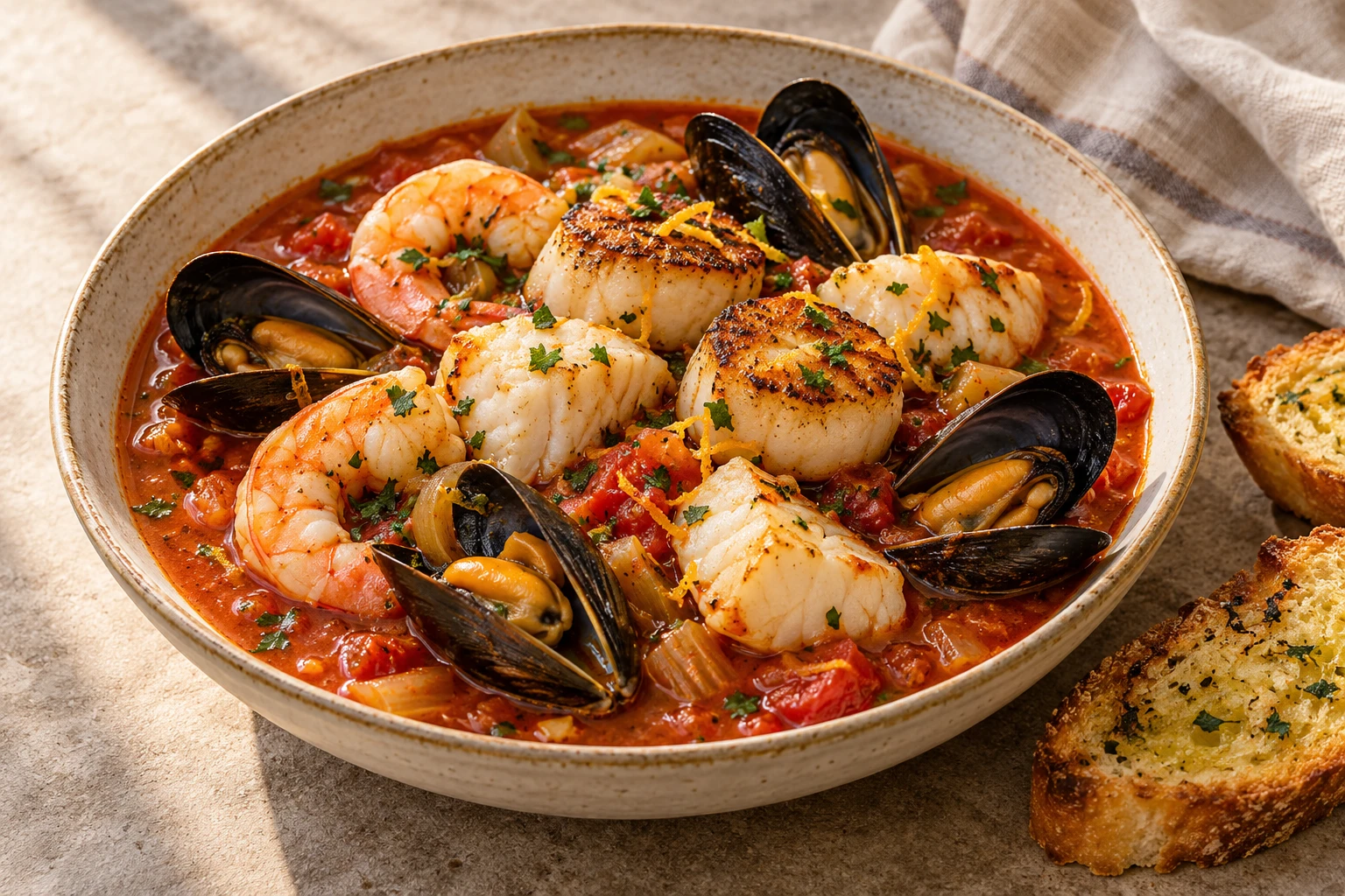 Cioppino au bouillon tomate-fenouil garni de cabillaud, crevettes, moules et noix de Saint-Jacques dorées