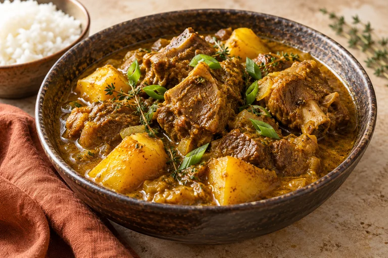 Curry Goat jamaïcain de viande avec os, pommes de terre, thym et cébettes dans une sauce au curry concentrée