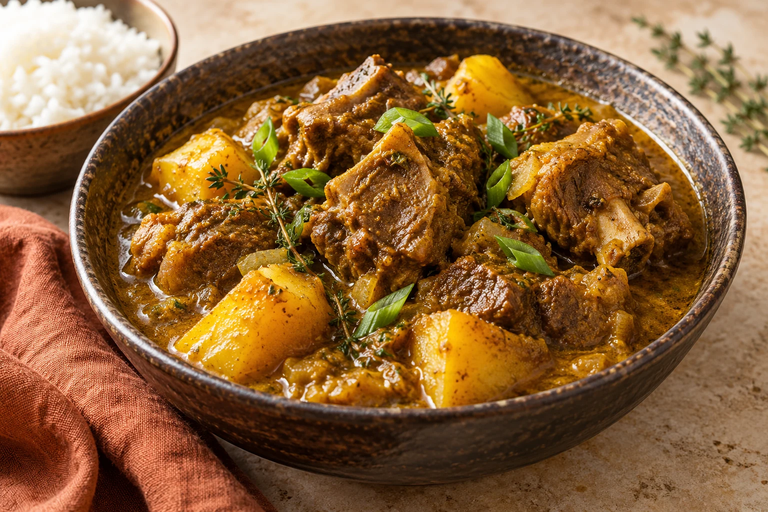 Curry Goat jamaïcain de viande avec os, pommes de terre, thym et cébettes dans une sauce au curry concentrée