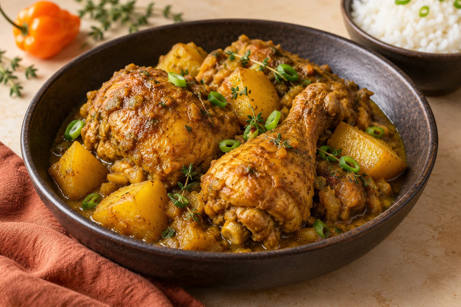 Curry de poulet jamaïcain avec pilons, hauts de cuisse, pommes de terre, thym et cébettes
