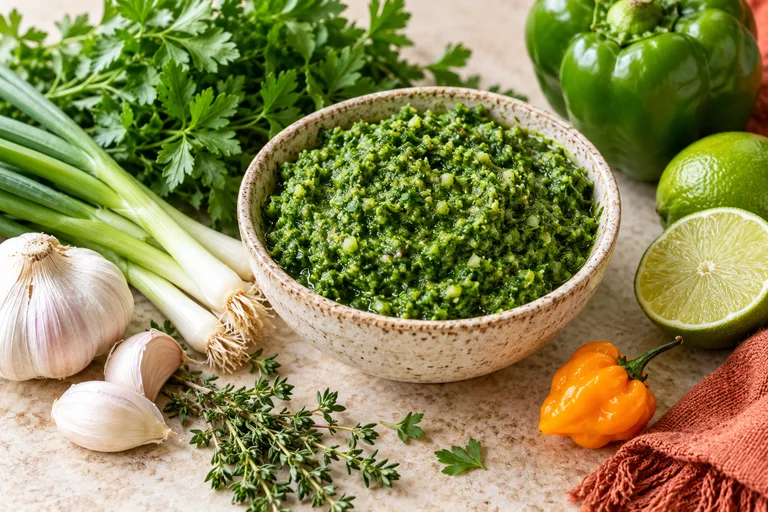 Green seasoning caribéen épais avec cébettes, persil, thym, ail, poivron vert, citron vert et Scotch Bonnet