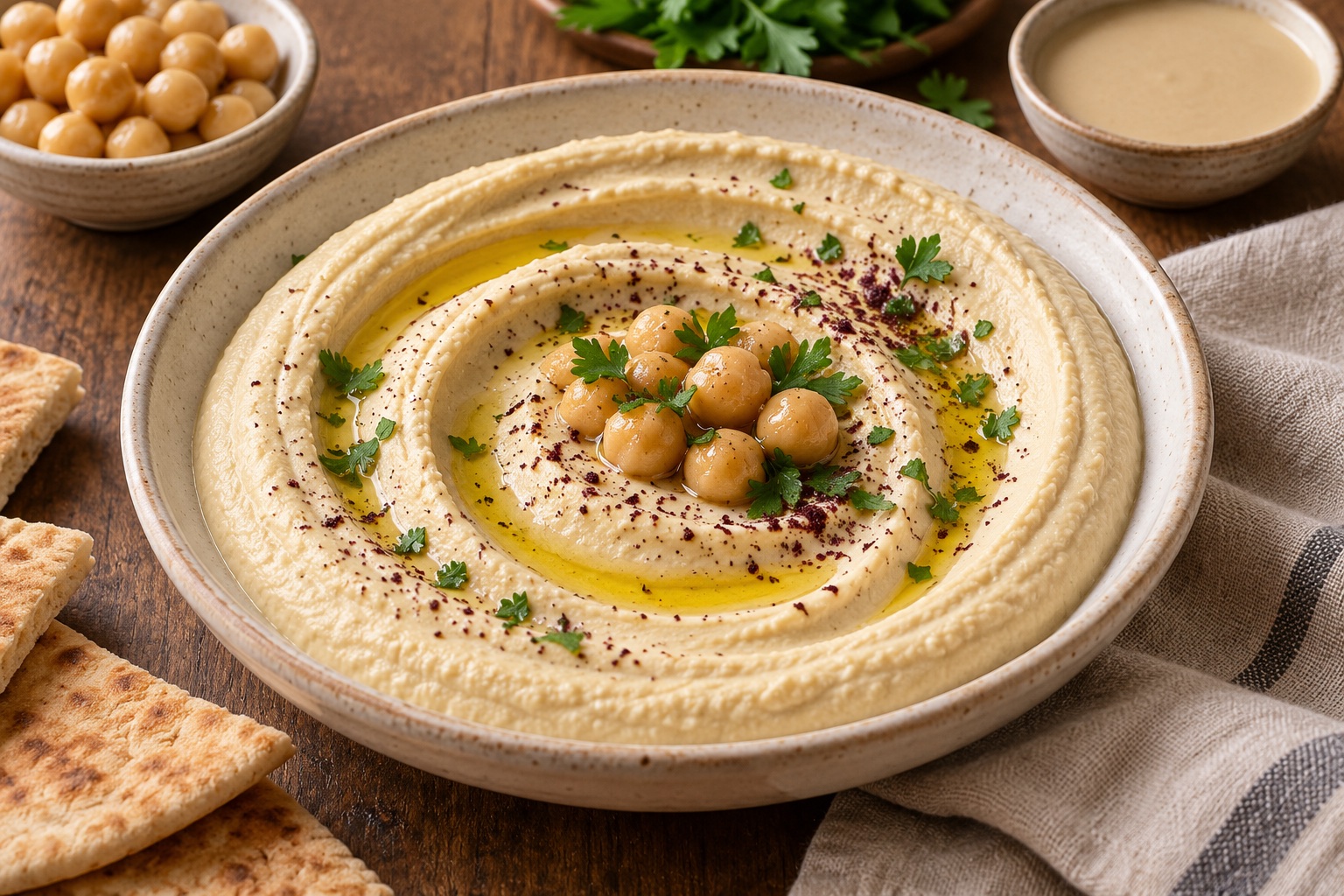 Houmous très crémeux servi en spirale avec huile d’olive, pois chiches, sumac et persil