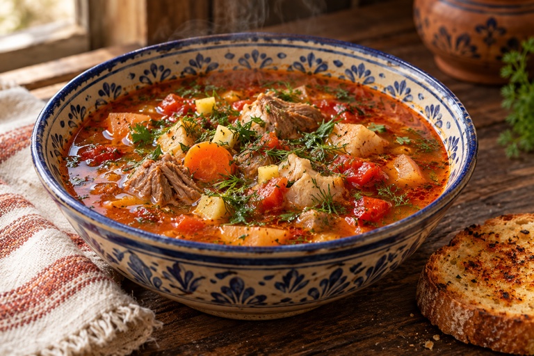 Jagnjeća čorba serbe à l’agneau, paprika, légumes racines, aneth et citron confit