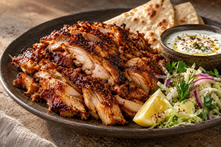 Kebab de poulet doré et tranché, servi avec pain plat, sauce au yaourt et salade croquante