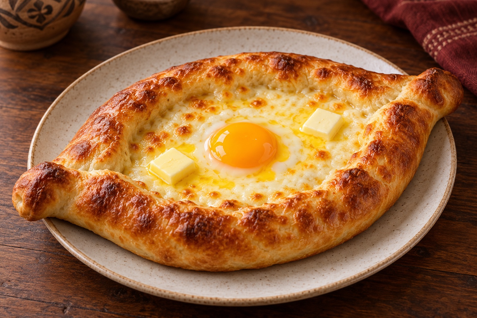 Khachapuri adjaruli géorgien en forme de barque, garni de fromage fondu, d’un œuf coulant et de beurre