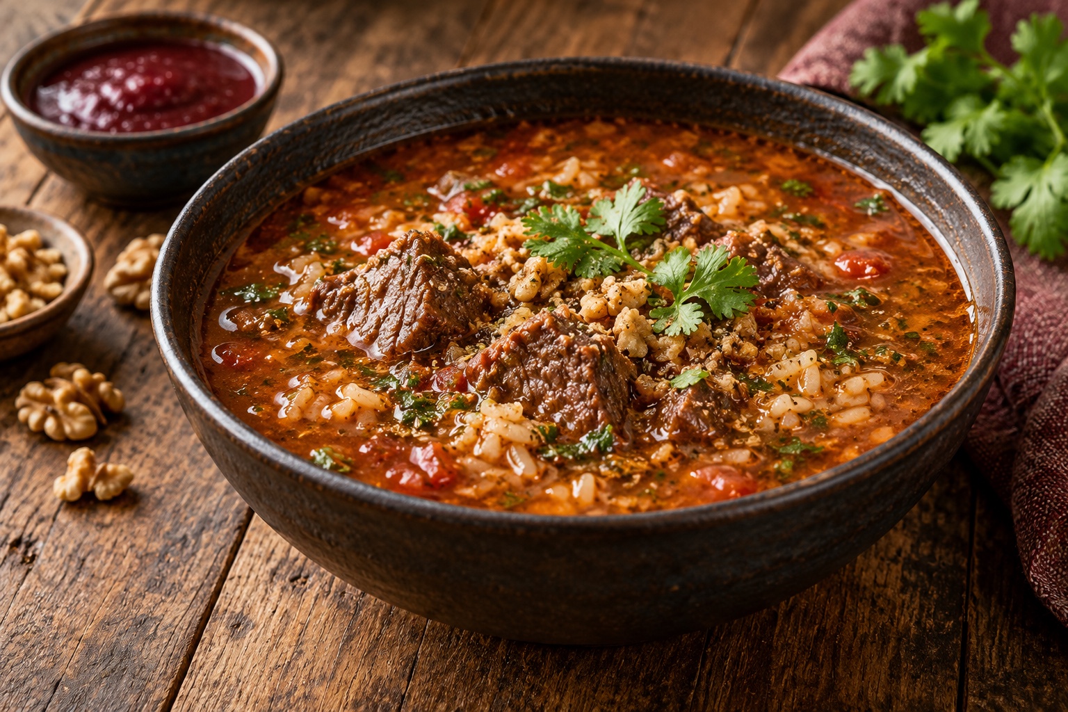 Soupe kharcho géorgienne au bœuf, riz, noix et coriandre