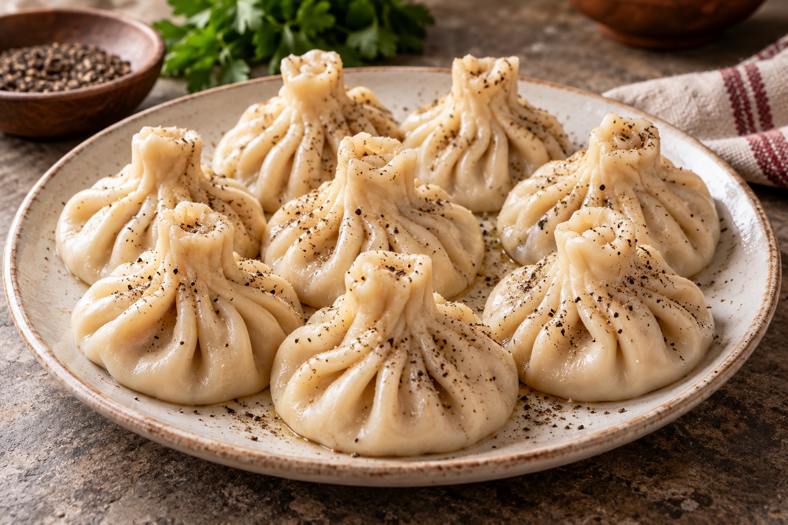 Khinkali géorgiens plissés servis avec du poivre noir