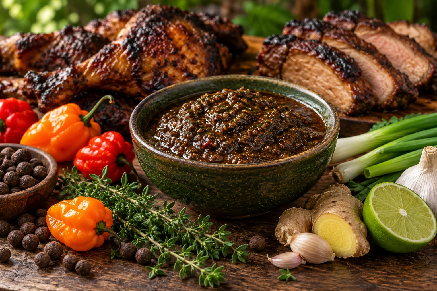 Marinade jerk épaisse entourée de piments Scotch Bonnet, thym, cébettes, gingembre et viandes grillées