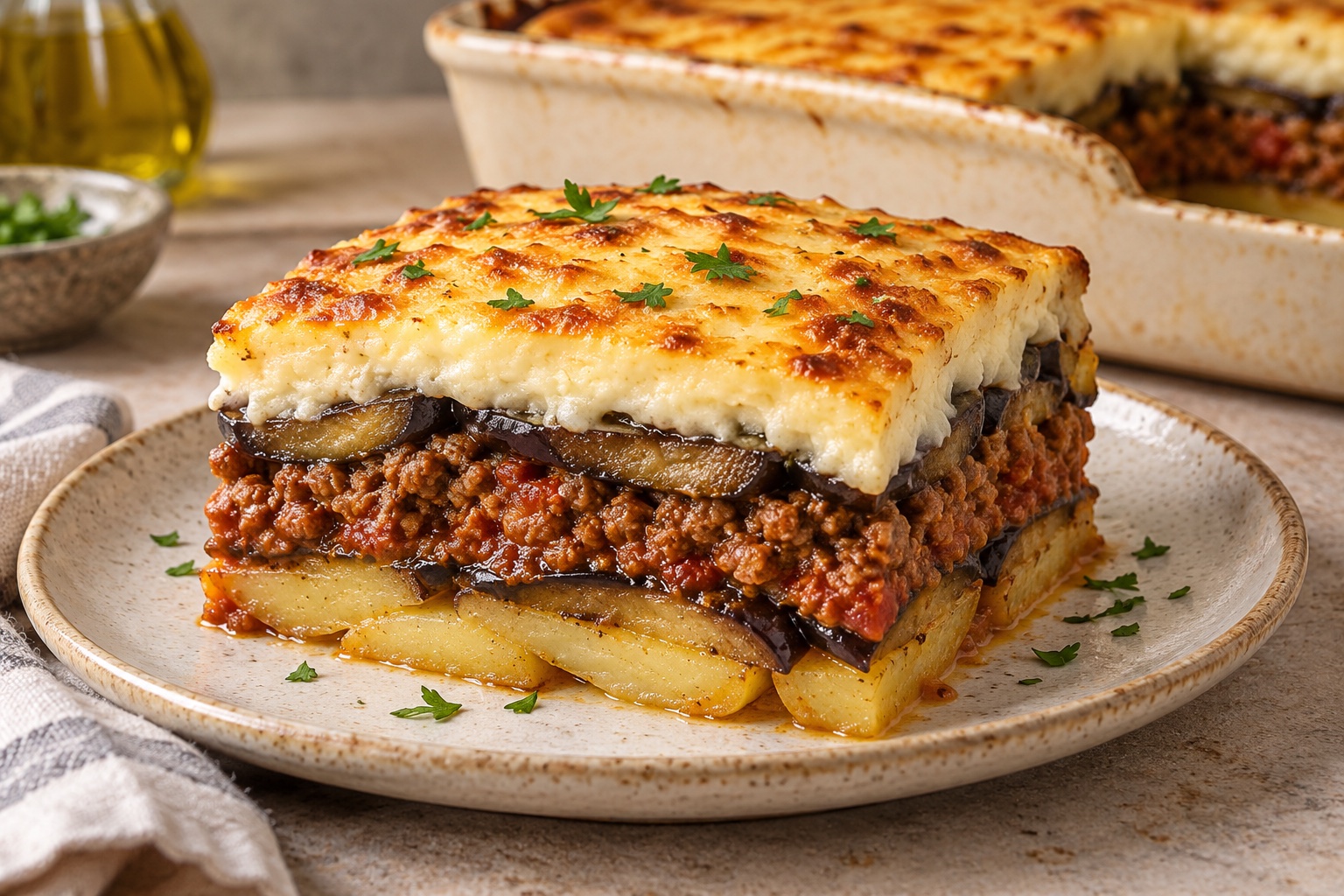 Part de moussaka grecque montrant les couches de pommes de terre, aubergines, viande et béchamel dorée