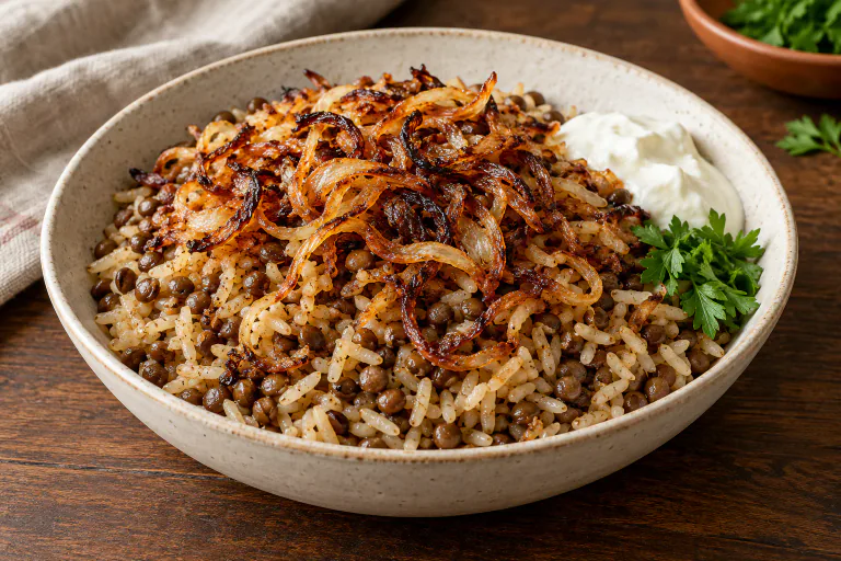 Mujaddara de lentilles et riz couronnée d’oignons caramélisés