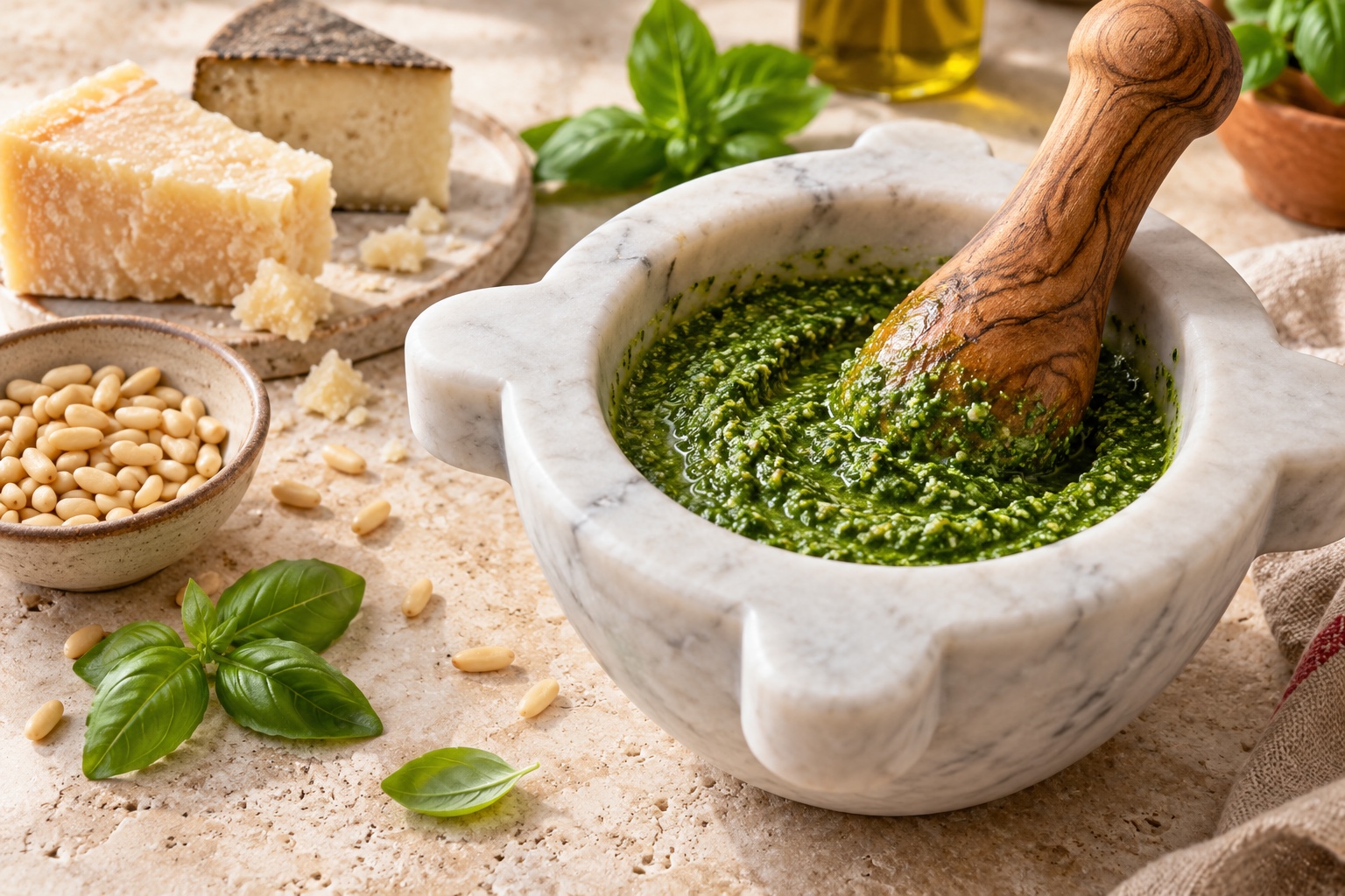 Pesto genovese vert fraîchement préparé dans un mortier de marbre blanc avec son pilon en bois