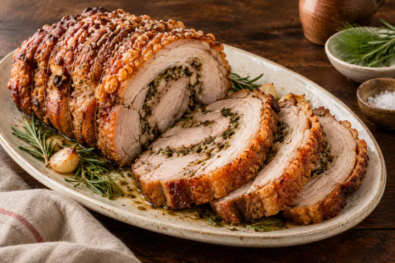 Porchetta rôtie aux herbes avec une croûte dorée et croustillante