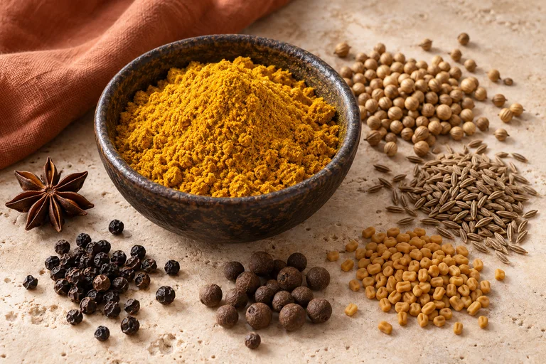 Poudre de curry jamaïcain dorée avec coriandre, cumin, fenugrec, piment de la Jamaïque, poivre et badiane