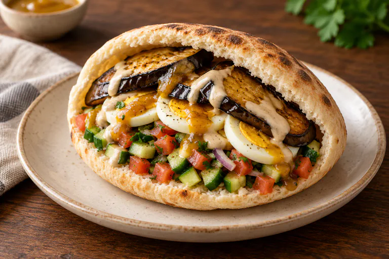 Pain pita garni d’aubergine, œuf, crudités, tahini et amba