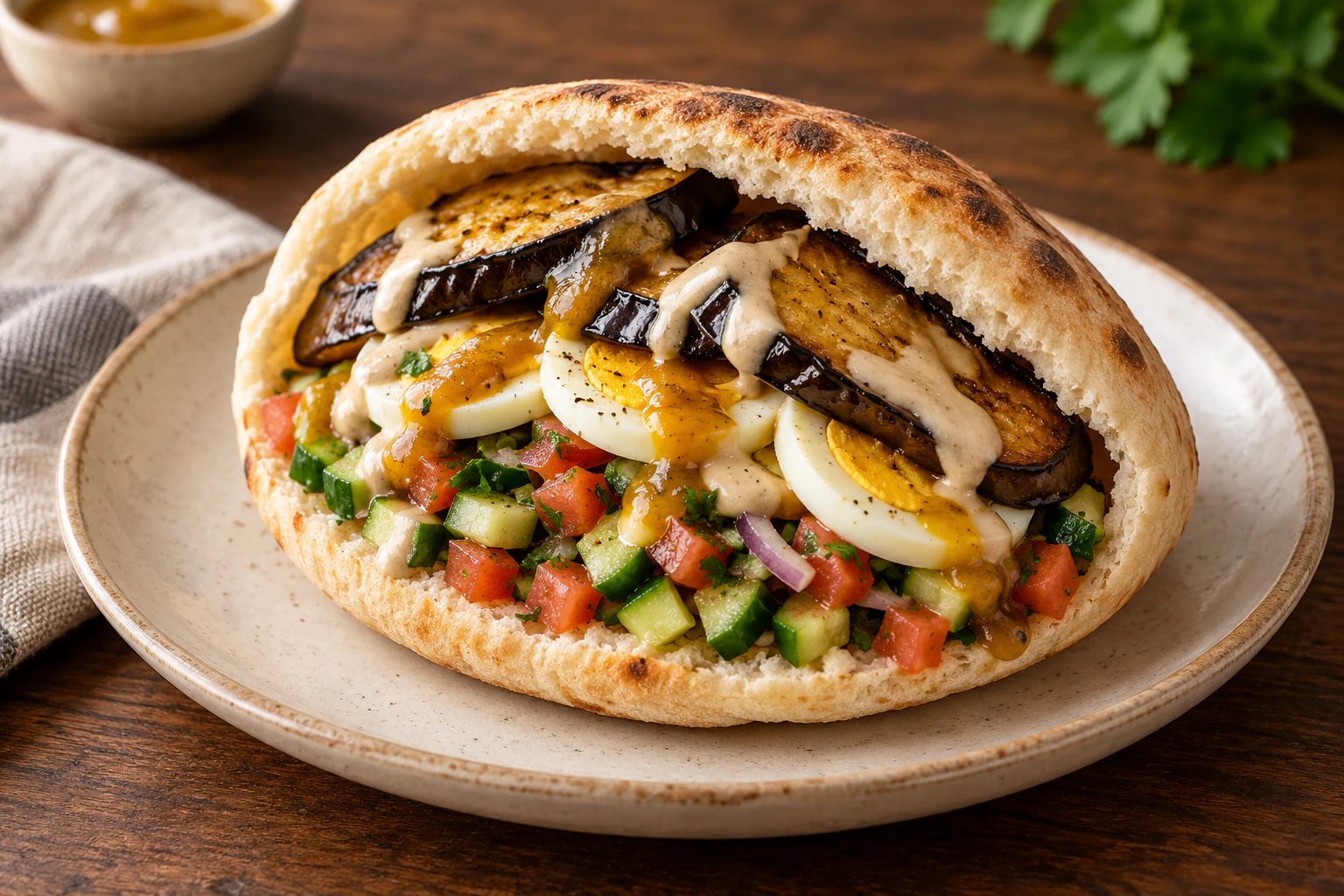 Pain pita garni d’aubergine, œuf, crudités, tahini et amba