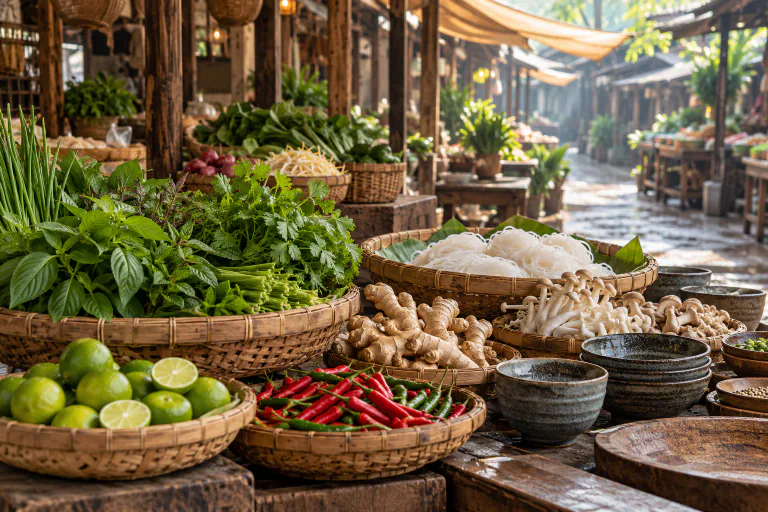 Herbes, agrumes, piments et nouilles dans un marché d’Asie
