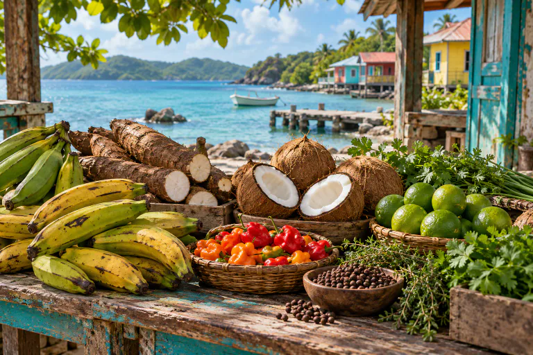 Plantains, manioc, noix de coco et piments sur un marché caribéen