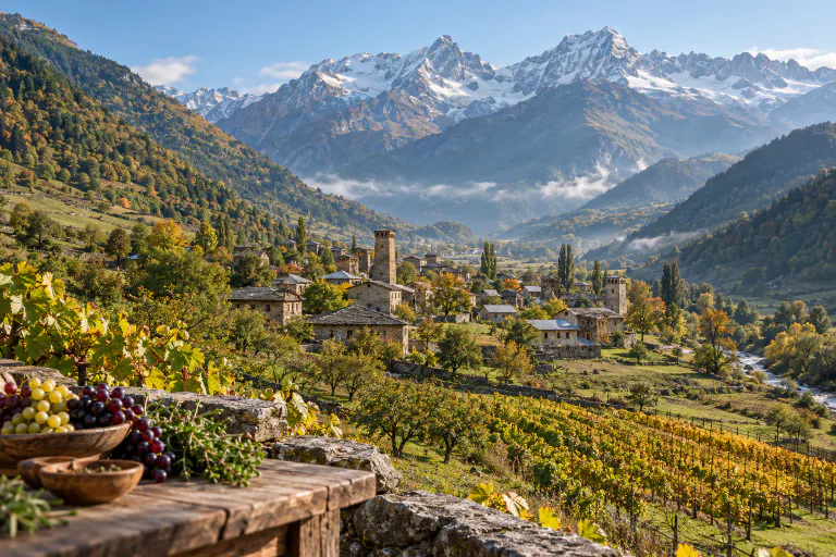 Village, vignobles et hautes montagnes dans le Caucase