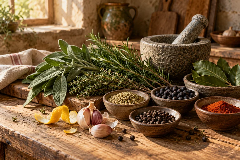 Herbes européennes, graines, baies et épices disposées sur une table de cuisine traditionnelle