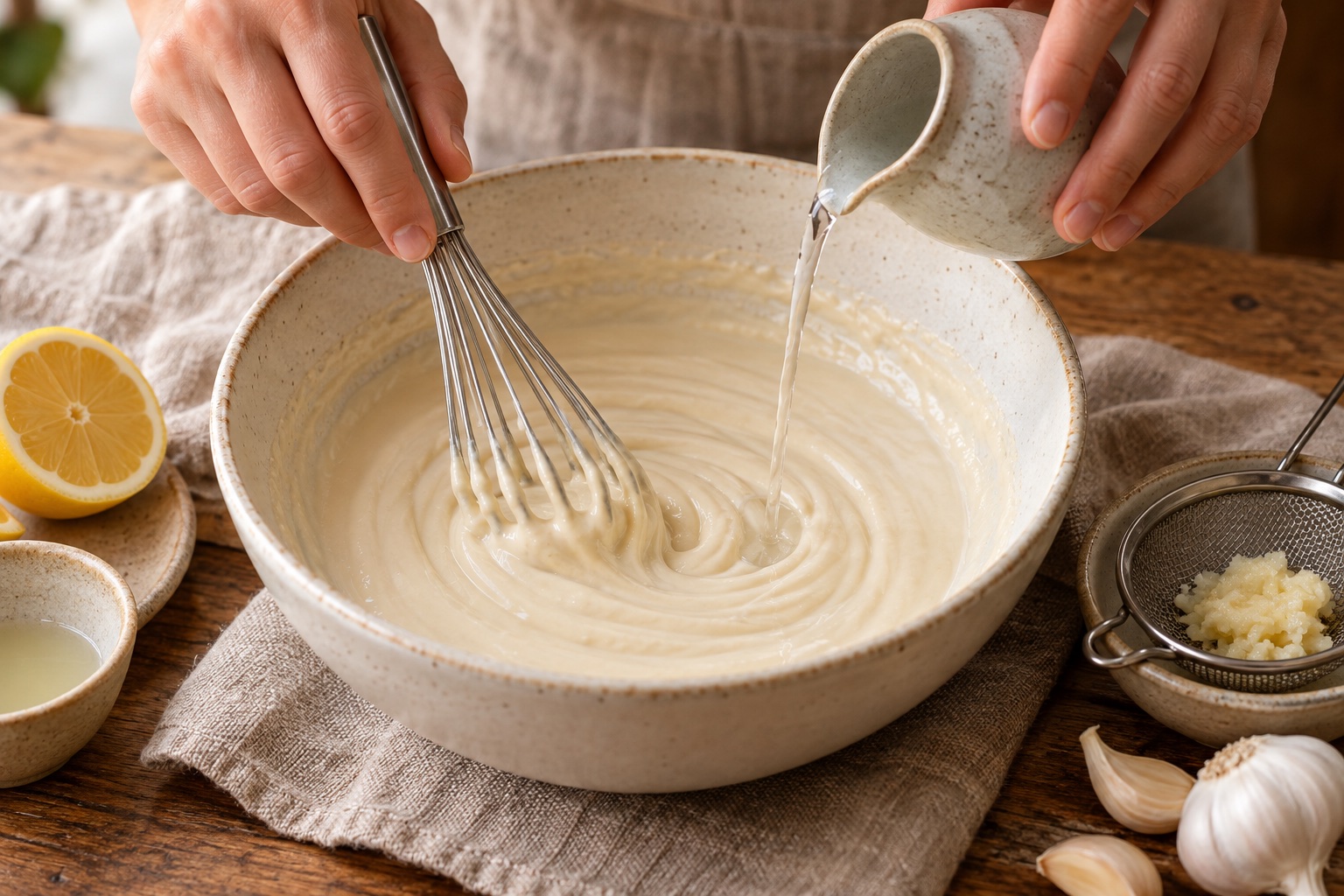 Émulsion de tahini au fouet avec un filet d’eau glacée, du citron et de l’ail filtré