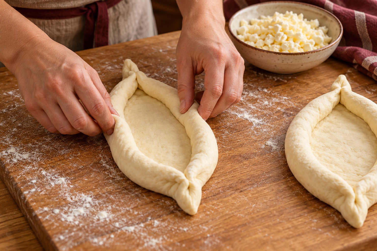 Façonnage d’une barque de khachapuri adjaruli en roulant les côtés d’un ovale de pâte et en pinçant ses extrémités