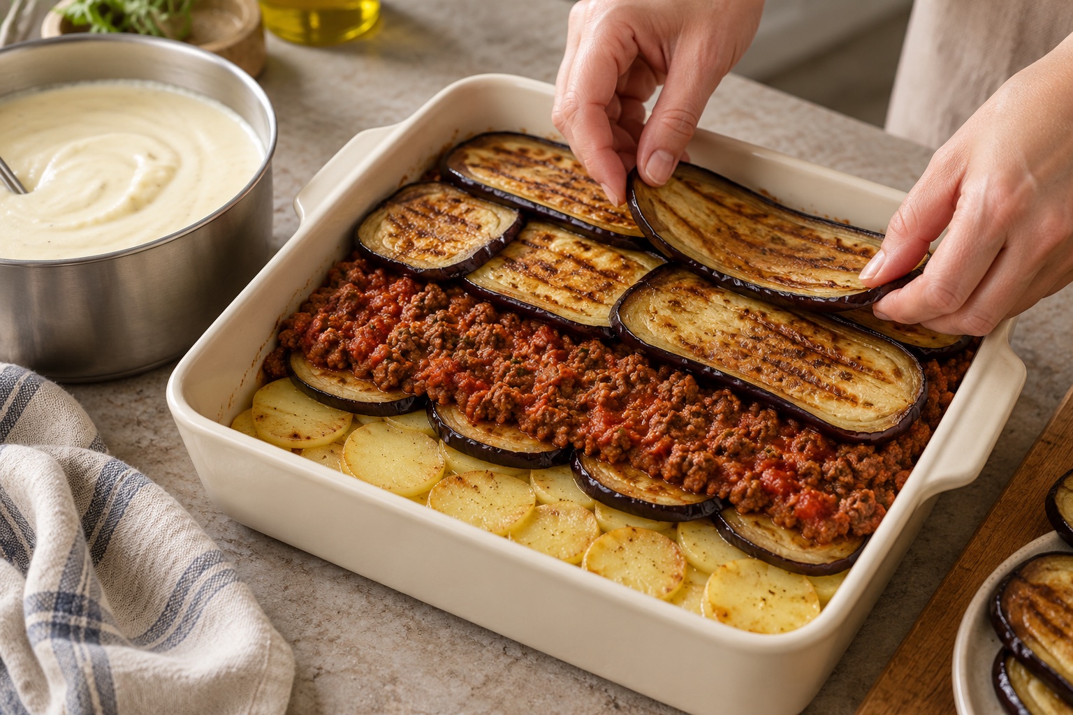 Montage d’une moussaka avec pommes de terre, aubergines rôties et sauce de bœuf avant la béchamel
